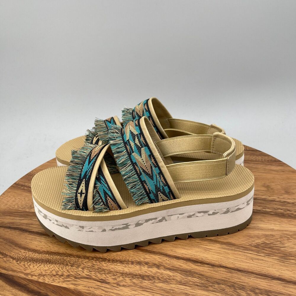 Teva Flatform Ceres Sandals Womens Size 8 Teal Blue Aztec Design Boho Fringe - Picture 3 of 9